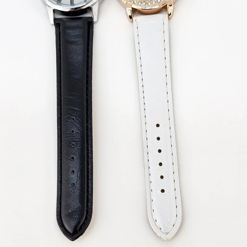 2X Women's Watch 38MM Gray Cream Dial Black White Faux Leather Bands NEW Battery